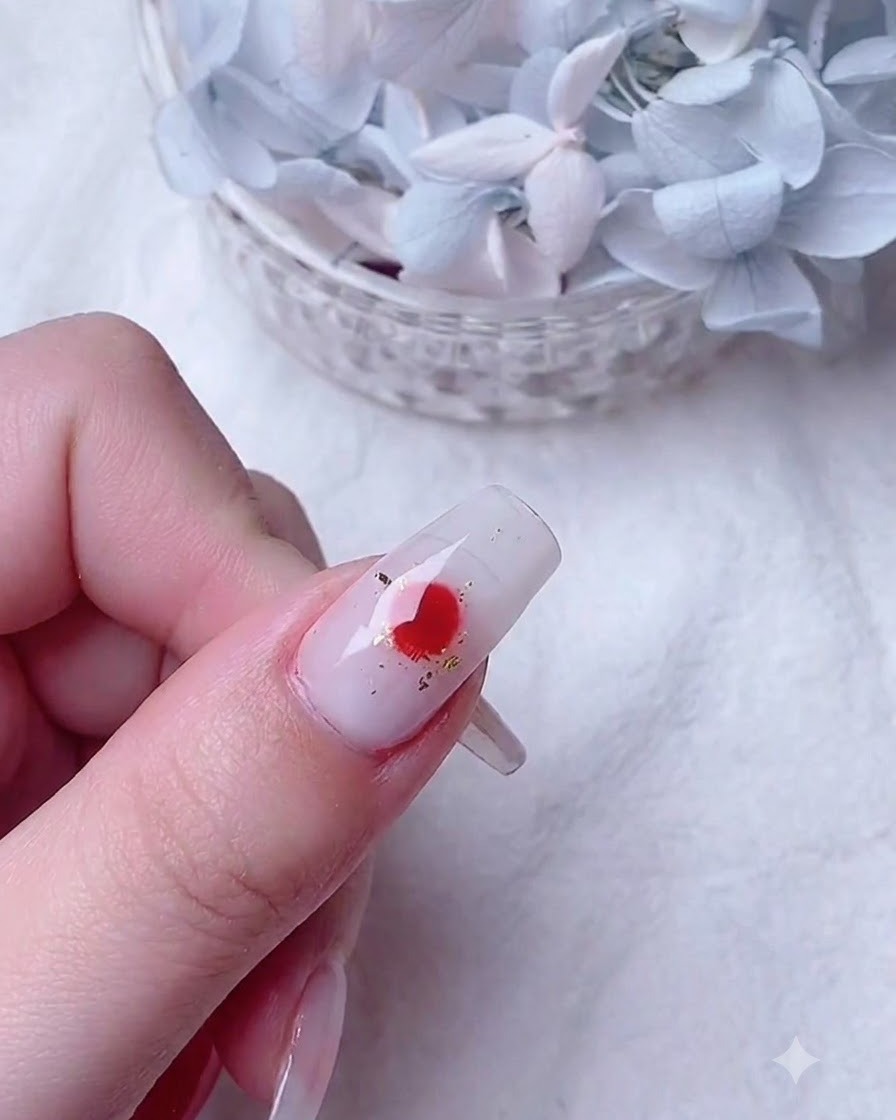 A fine detail brush dropping vibrant red gel onto the wet blooming base to create spreading petal shapes.