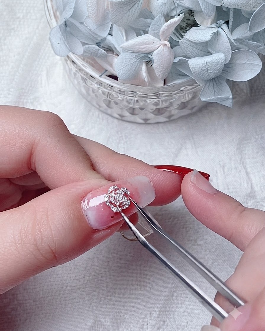 A pair of tweezers holding a metallic wire flower decoration over a decorated fingernail.