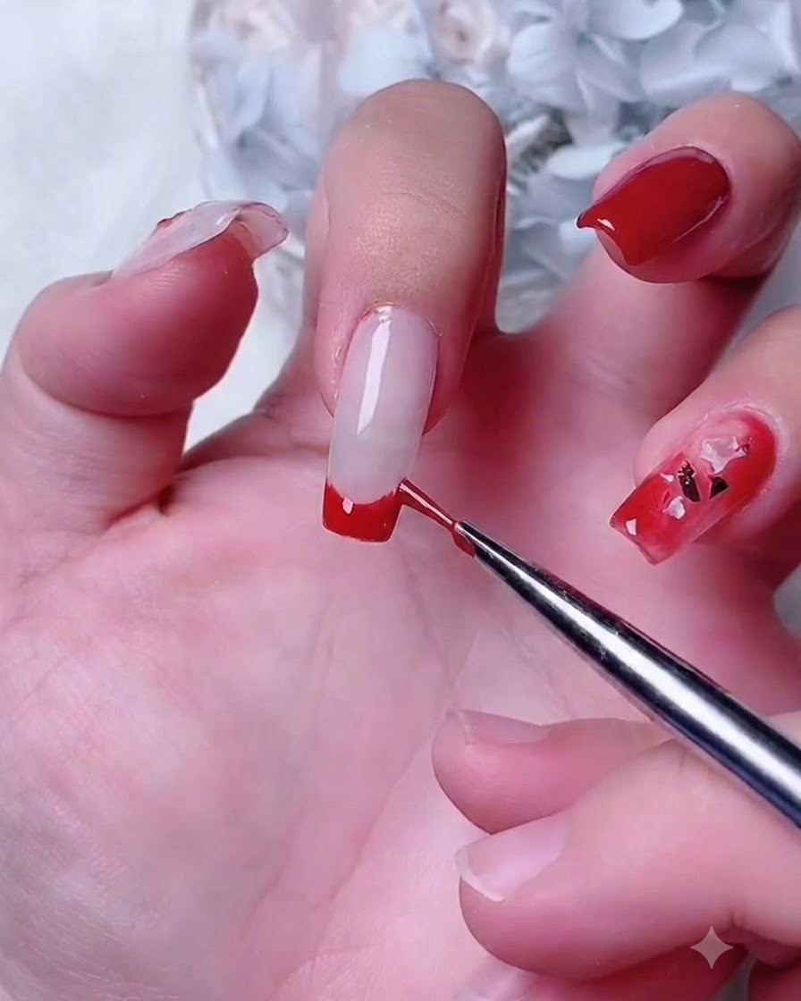 A nail brush applying milky white base gel onto the index fingernail.