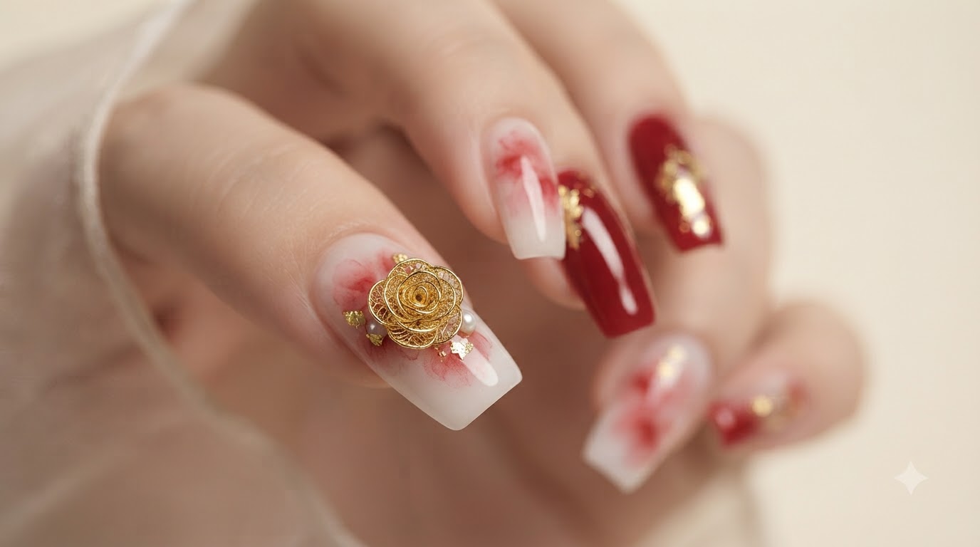 Vintage Gold Wire Rose Watercolor Nail Art — Step-by-Step Tutorial