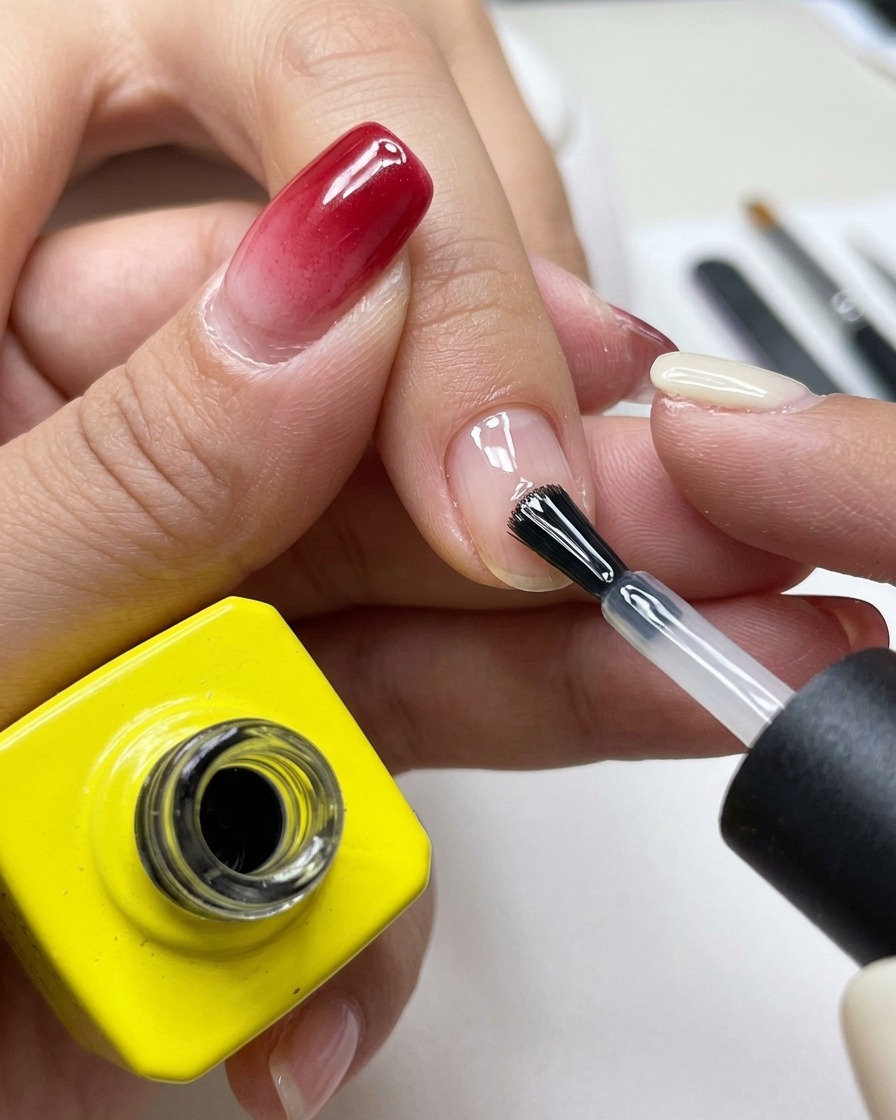 A professional nail brush applying a clear, glossy base coat onto a clean natural fingernail.
