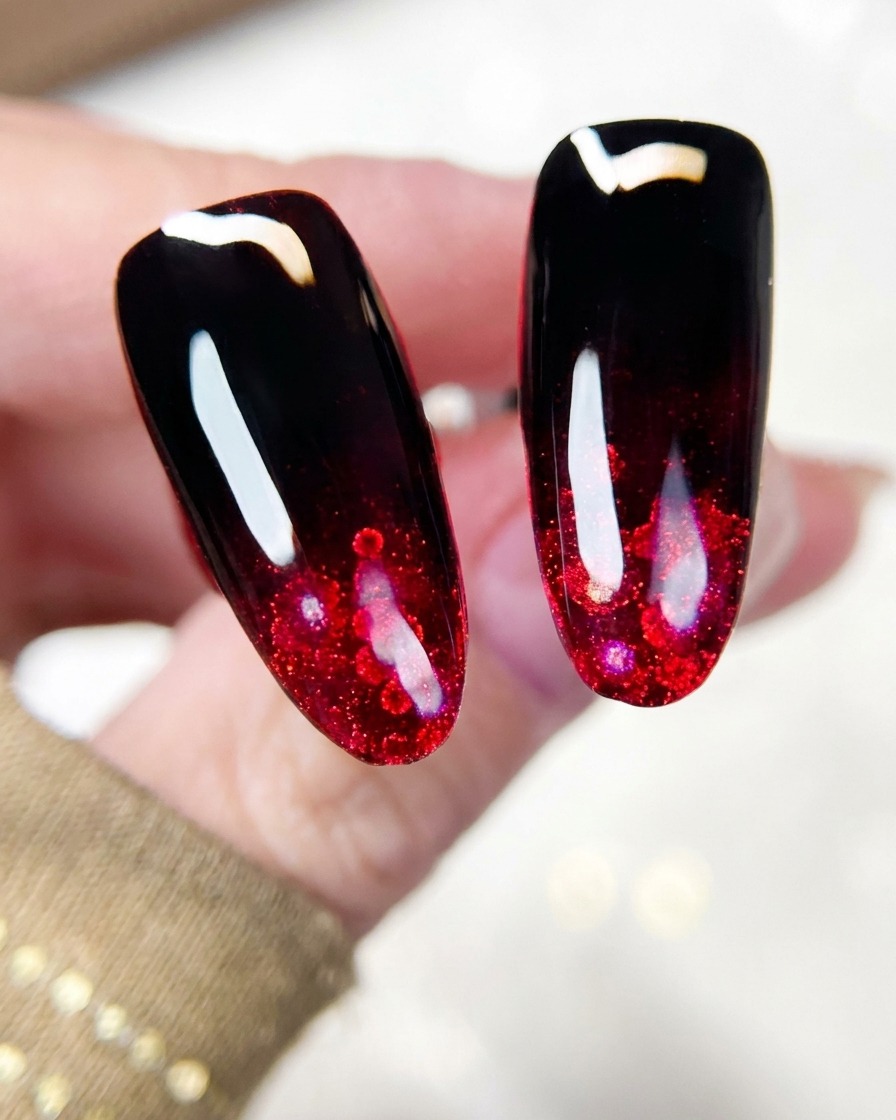 A nail art brush lifting red holographic glitter flakes from a jar.