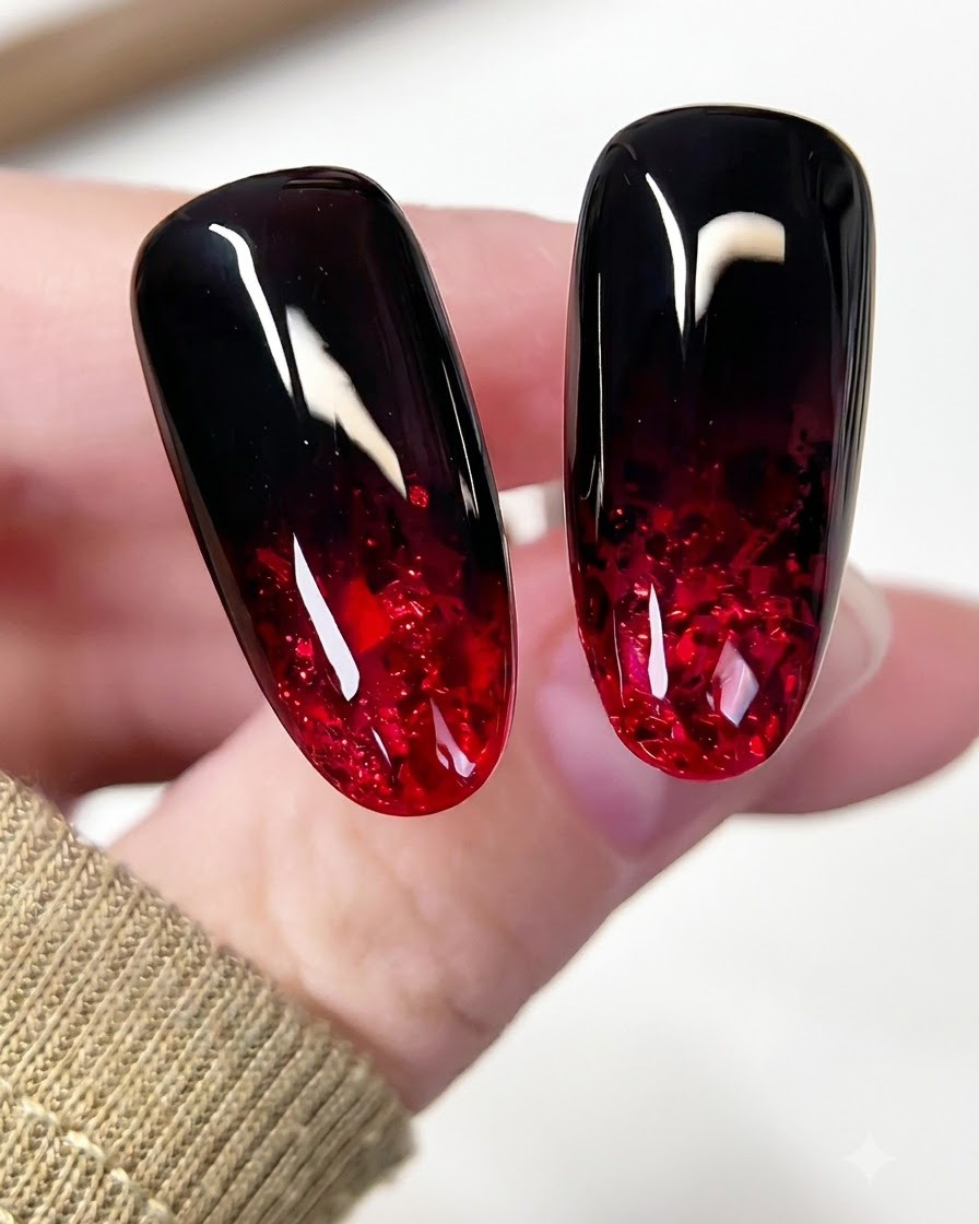 A nail buffer smoothing the surface of a glossy encapsulated glitter nail.