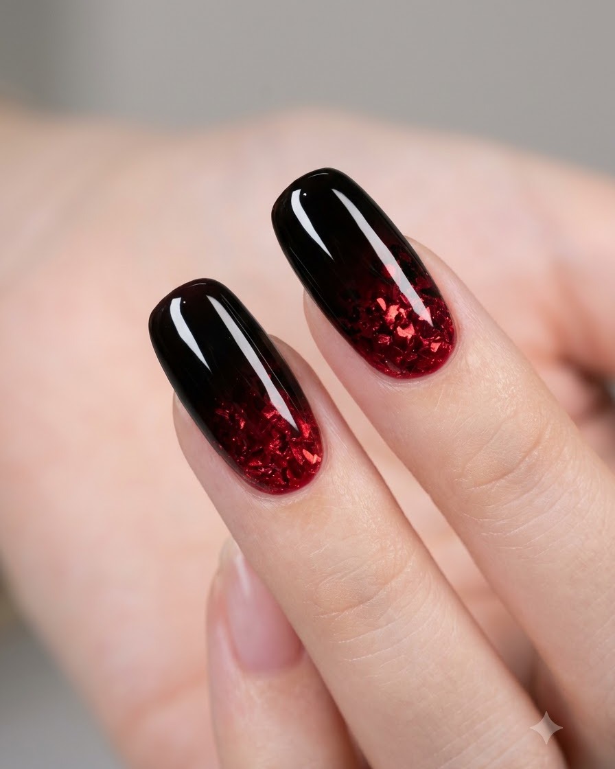 A sponge delicately dabbing black gel near the center of the nail to smooth out the gradient.