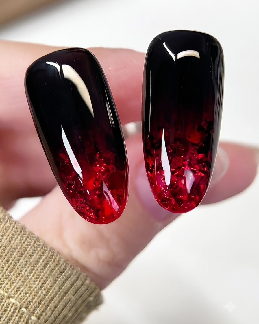 Nails placed inside a UV LED lamp curing the translucent red layer.