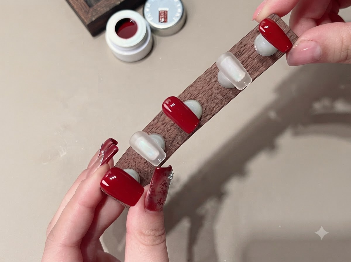 A display stand showing clear nail tips with powder-beige cat-eye gel applied.