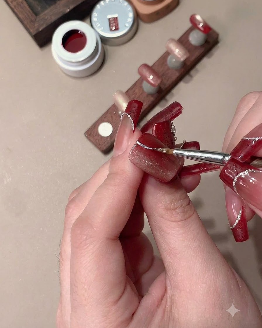 A fine detailing brush and magnet shaping a cat-eye nail design.