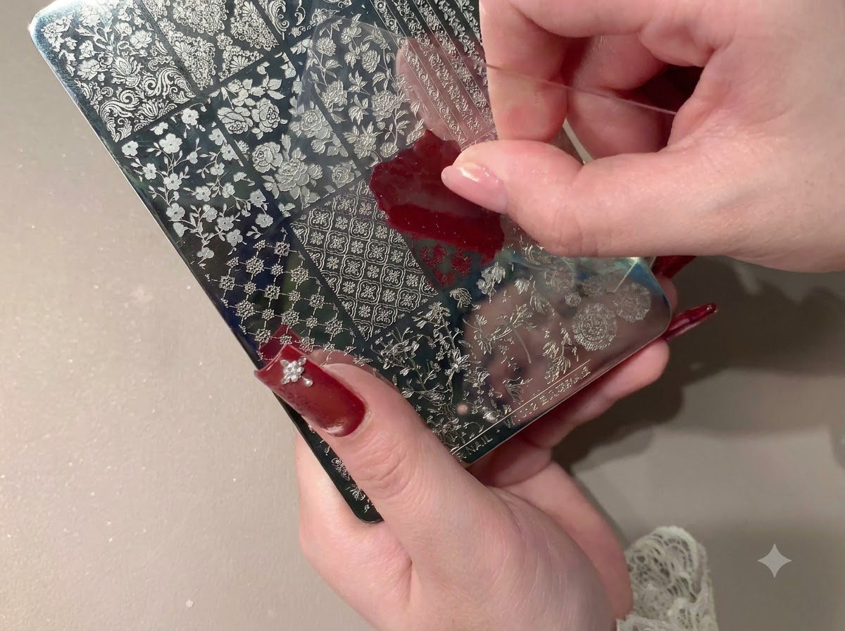 A scraper tool removing excess red gel from the surface of a metal stamping plate.