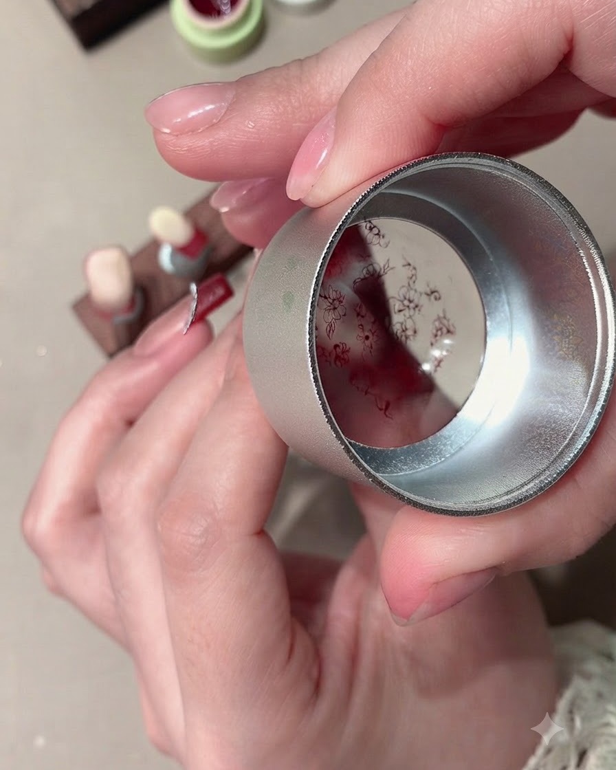 A silicone stamper transferring a red stamped design onto a nail.
