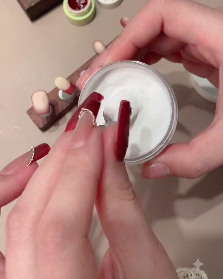 A fingernail being dipped into a jar of white crystal powder.