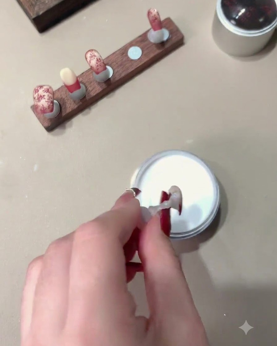 A hand dipping a stamped nail tip into a container of white crystal powder.