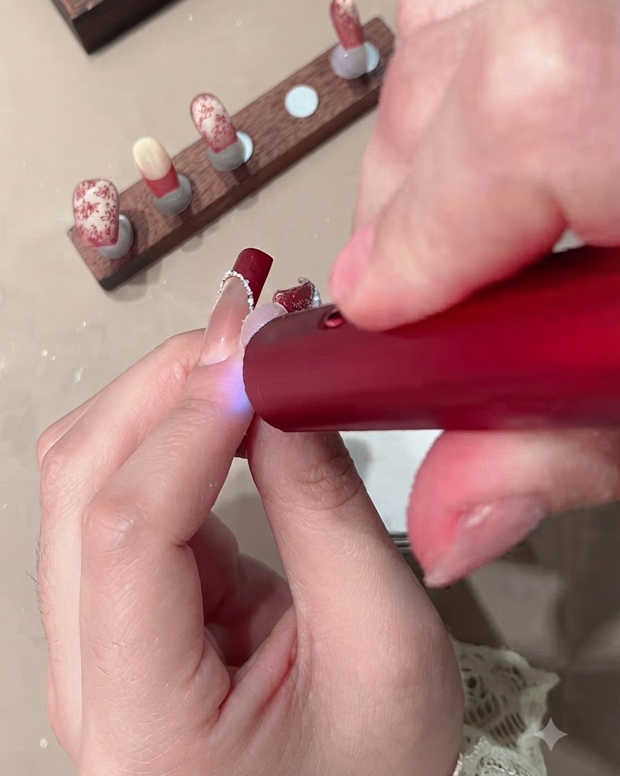 A close-up of a hand holding a red mini UV lamp over a fingernail to cure the gel French tip.