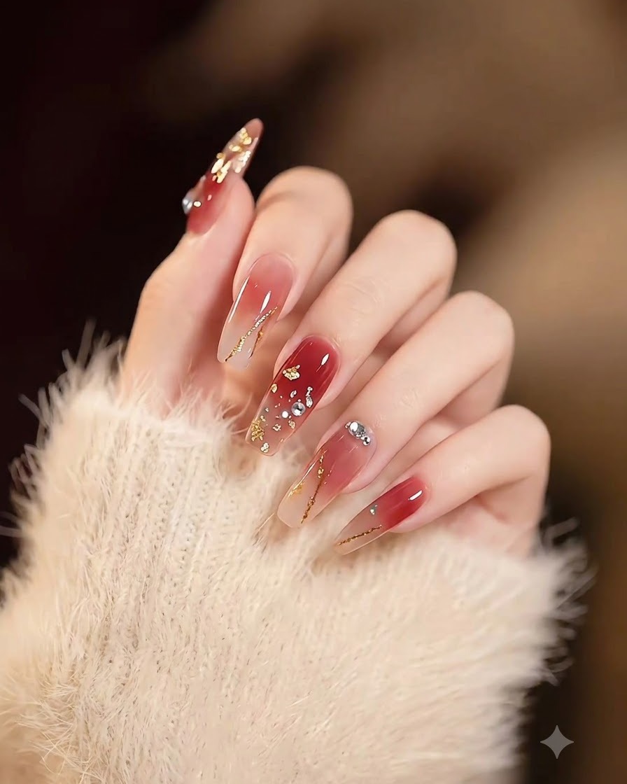 A close-up of long square nails with burgundy gradient tips, embellished with gold flakes and crystals.