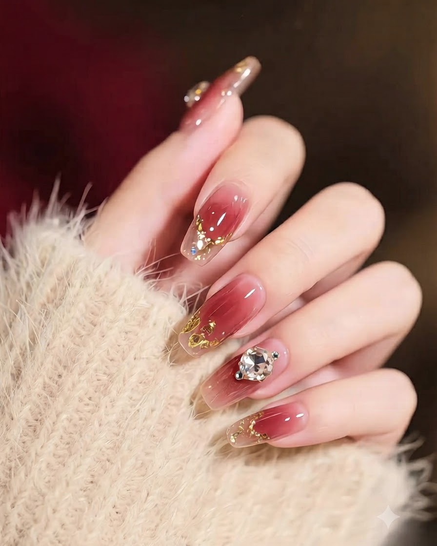 Close-up of a hand wearing a sheer cream sleeve showing burgundy ombre nails adorned with gold leaf details.