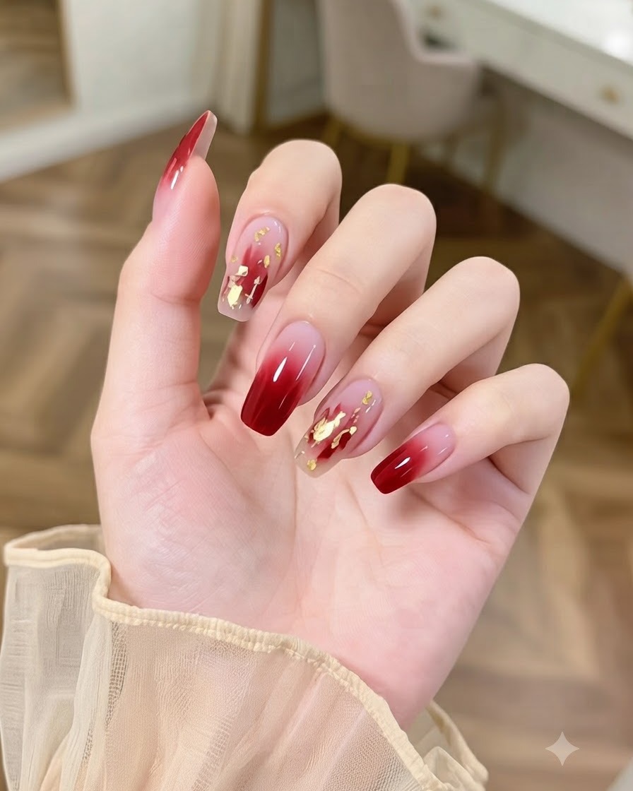 A close-up of a hand with burgundy ombre nails adorned with clustered crystal rhinestones under studio lighting.
