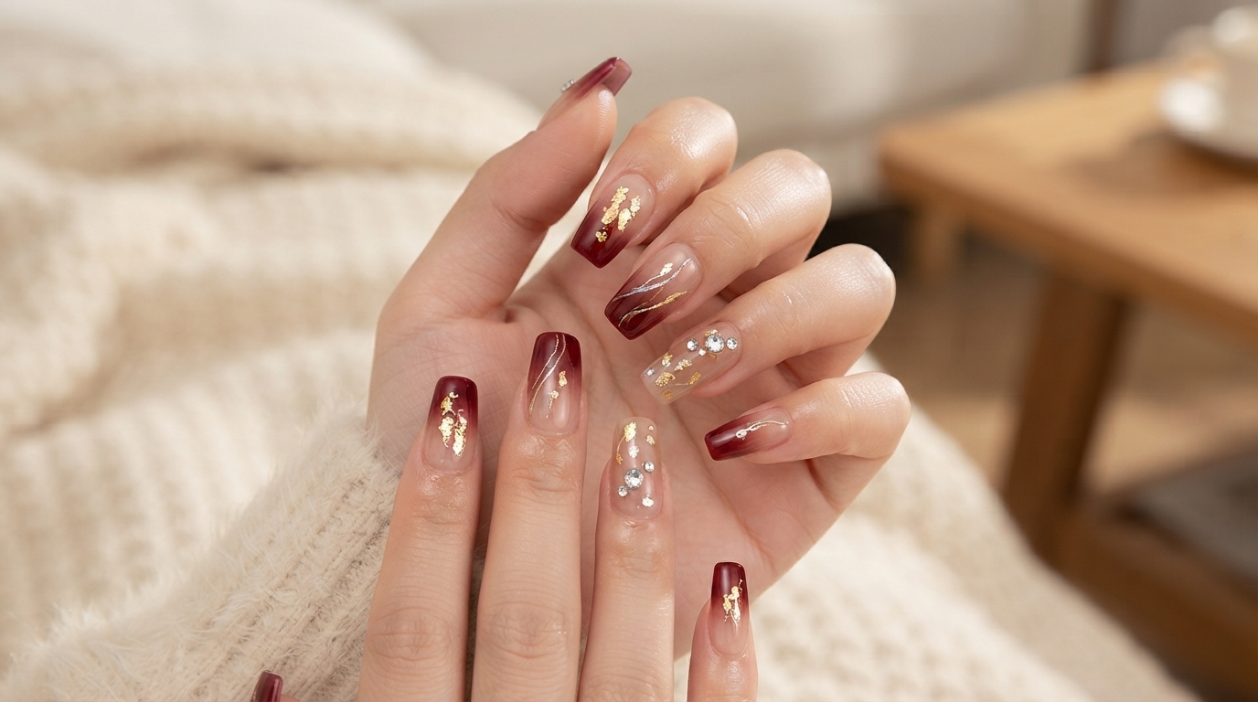 New Year Burgundy Gradient and Rhinestone Gel Nails — Step-by-Step Tutorial