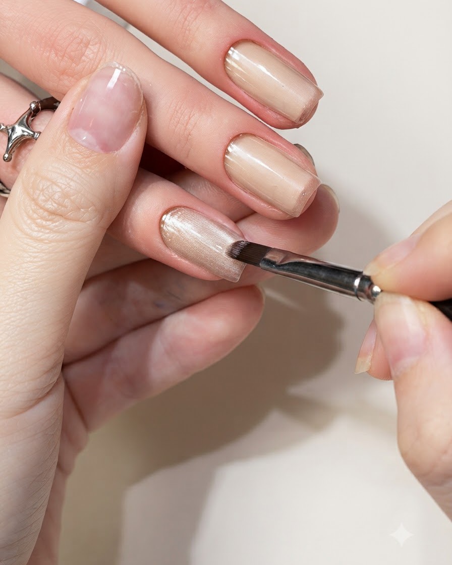 A close-up view of a nail brush applying light shimmering cat-eye gel onto a clients fingernail.