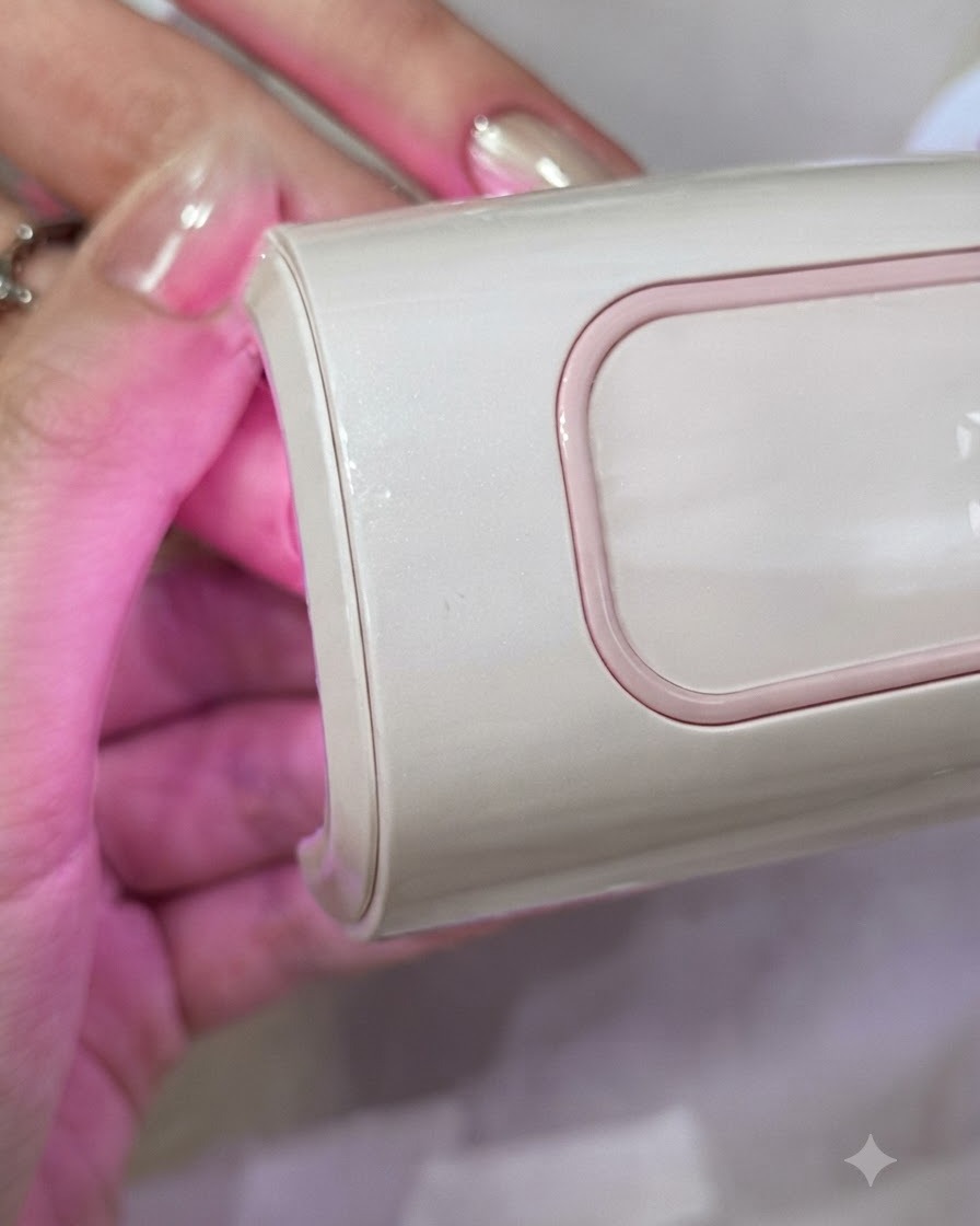 A hand positioned near a pink UV/LED lamp during the gel curing process.