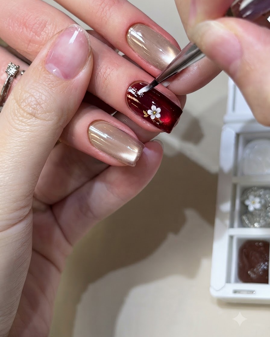 A fine liner brush painting small white flower petals onto a dark burgundy and gold foil nail.