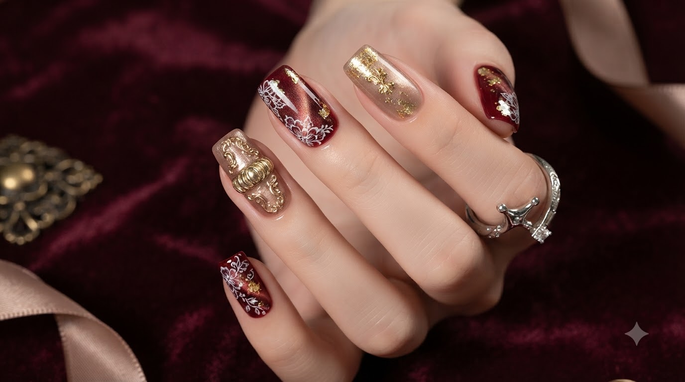 Close-up of completed retro burgundy and gold foil luxury nail art featuring burgundy and nude cat-eye bases, delicate white floral details, and metallic gold embellishments.