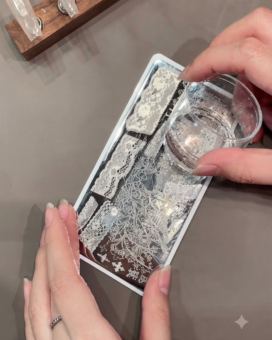 A clear jelly stamper picking up an intricate white lace pattern from a metal stamping plate.