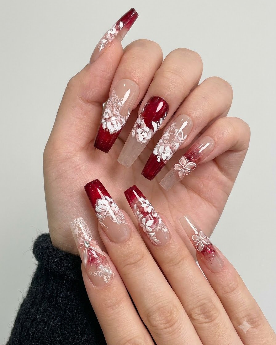 A fine brush applying color number 6 to the center of the nail gradient.