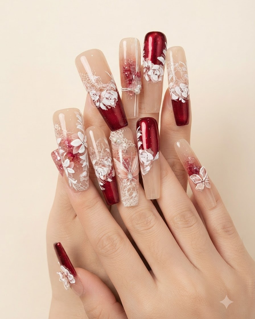 A brush applying a clear layer of soft reinforcement gel over a detailed floral nail art design.