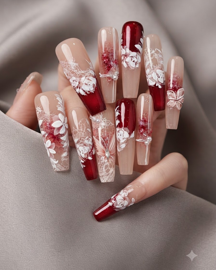 A top coat brush gliding a glossy, clear layer over a finished decorative nail surface.