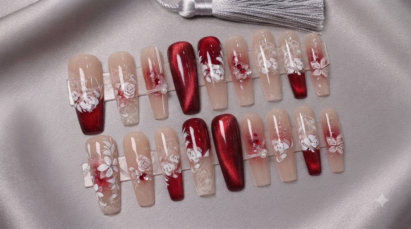 Summer Night Red and White Lace Floral Press-On Nails — Step-by-Step Tutorial