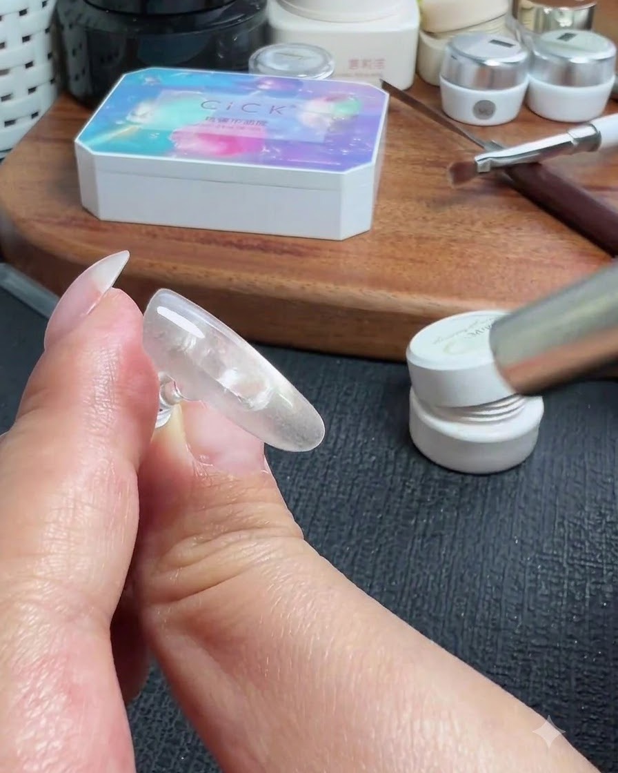 A hand holding a fake nail extension under a portable UV/LED flashlight lamp to cure the gel layer.