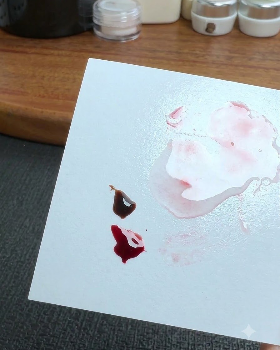 A white mixing palette showing small blobs of dark brown and rich translucent red gel polish alongside blended patches.
