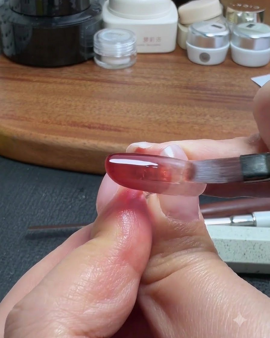 A clean nail art brush gently feathering the edges of the red gel application on the artificial nail surface.