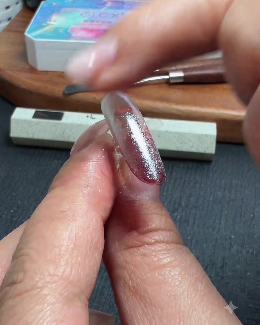 A finger dabbing transparent chrome powder onto a glossy nail surface.