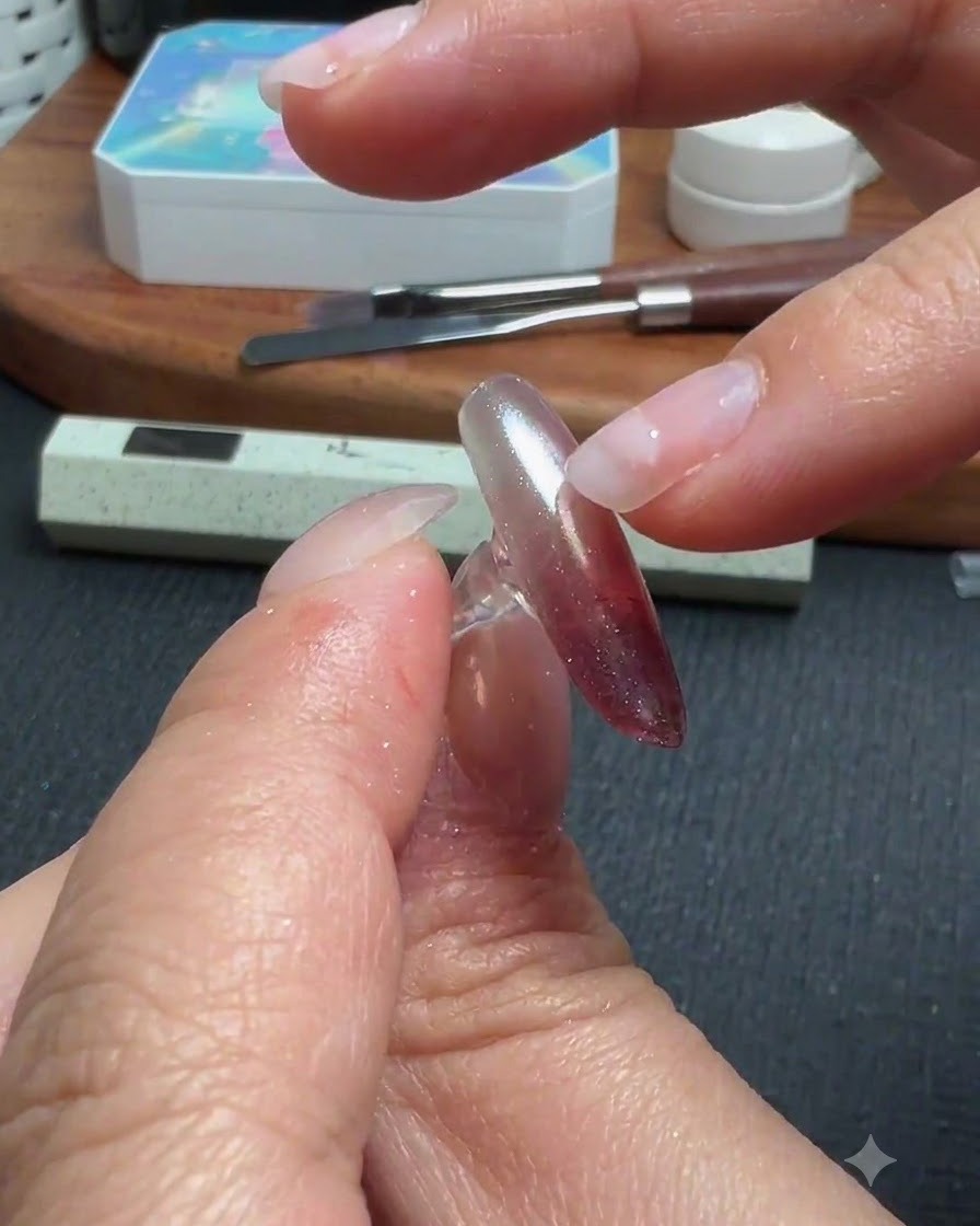 A clean finger rubbing and smoothing chrome powder over a manicured nail.