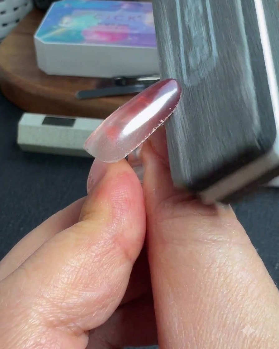 A nail sponge or file wiping away excess powder from the edge of a glossy nail.