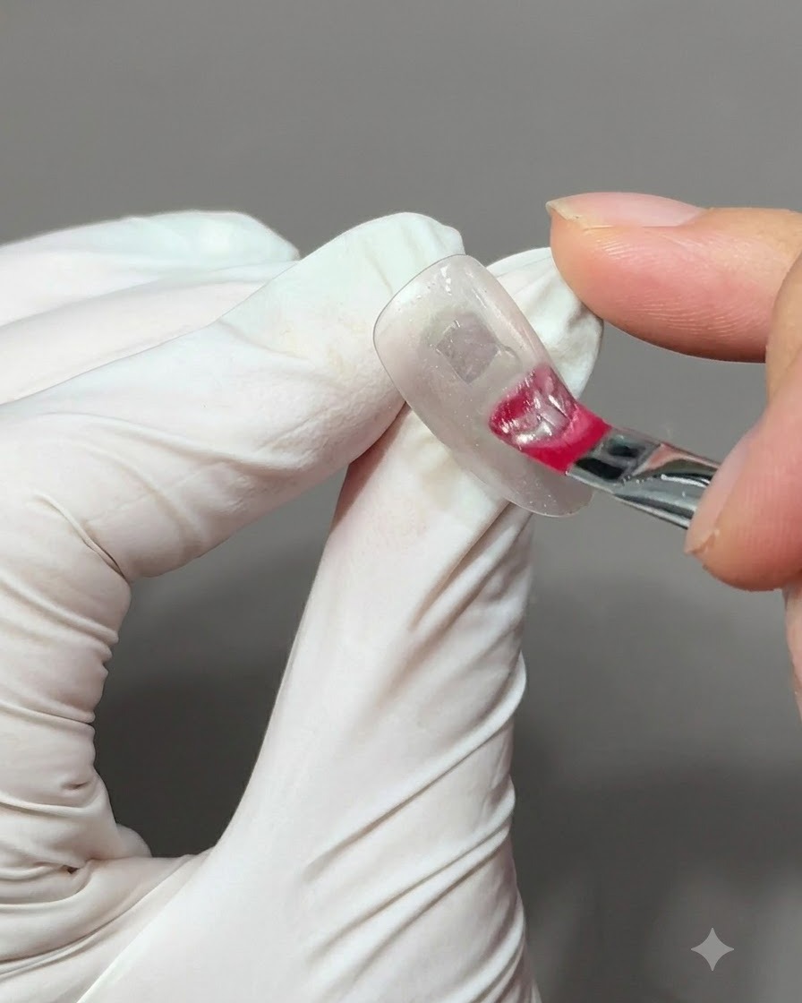 A close-up of a hand holding a magnetic sphere close to a translucent gel nail to shape cat-eye particles into a wide band of light.