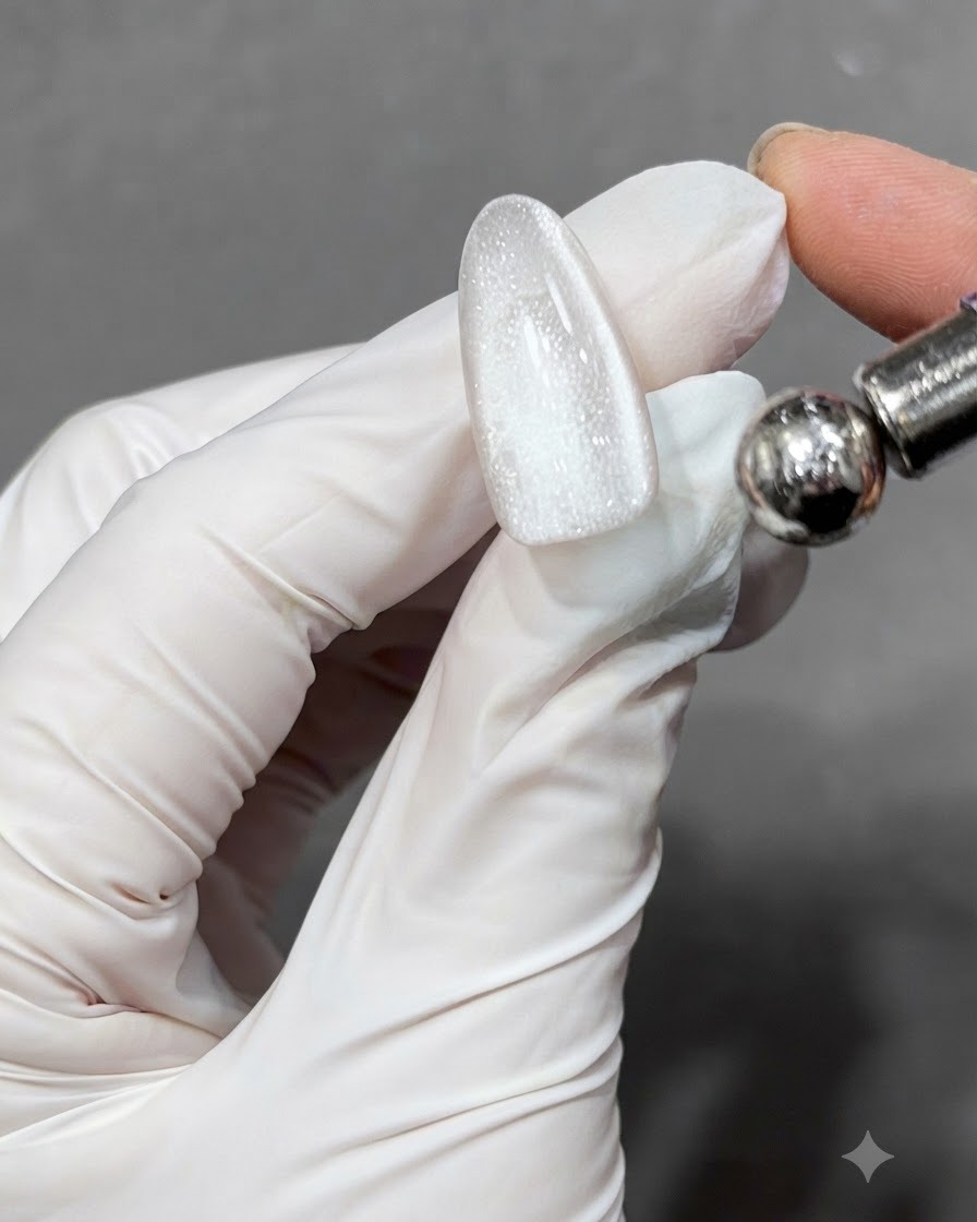 A cured translucent nail showing a shimmering wide band of light created by cat-eye gel particles.