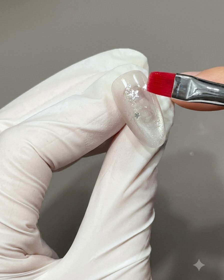 A fine brush placing a small metallic star appliqué onto a shimmer-finished nail.
