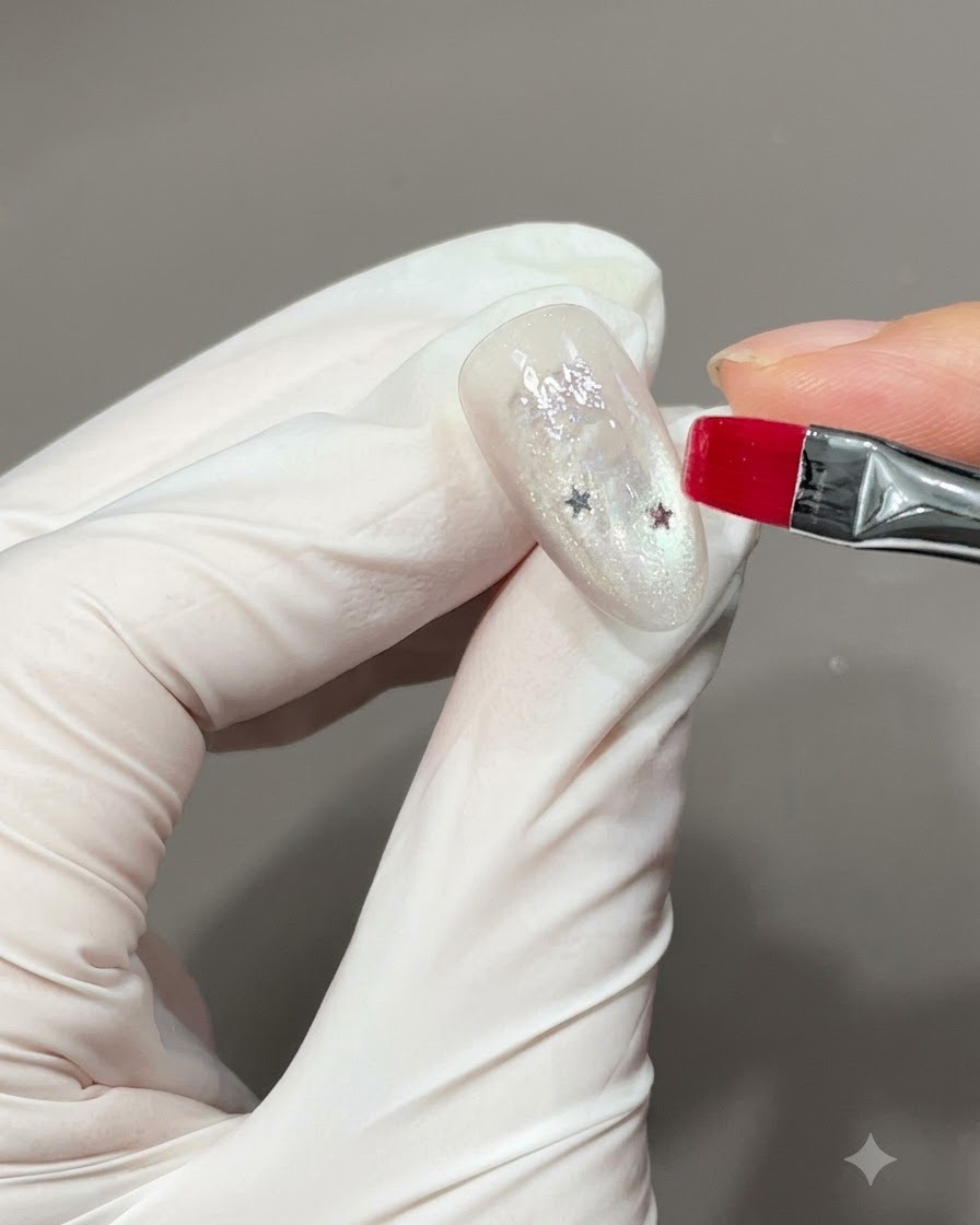 A brush applying clear base gel over a nail to seal and encapsulate embedded star appliqués.