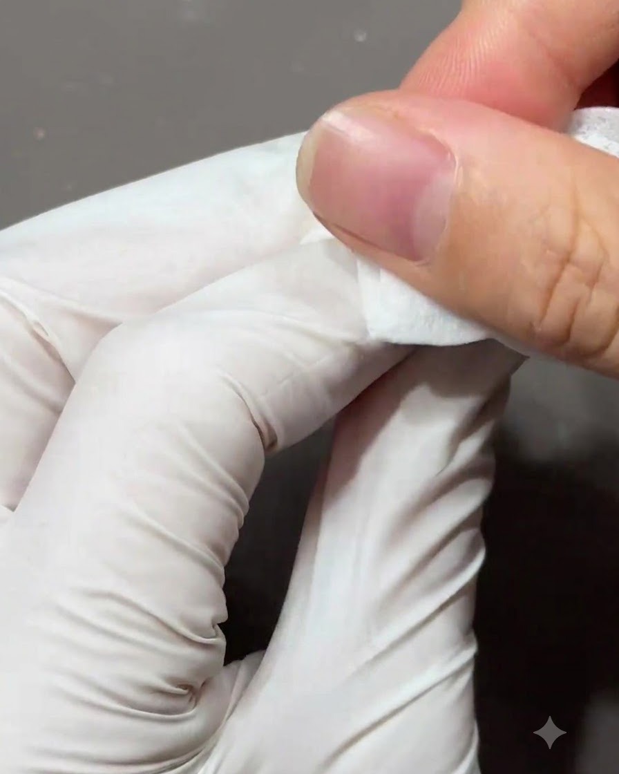 A gloved finger using a cleansing wipe to clean the surface of a nail.