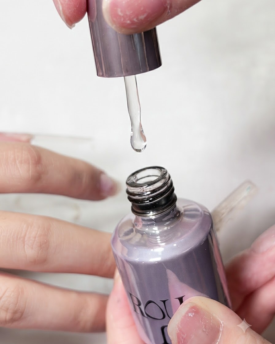 Hands holding an open bottle of nail adhesive with a brush applicator dripping product.