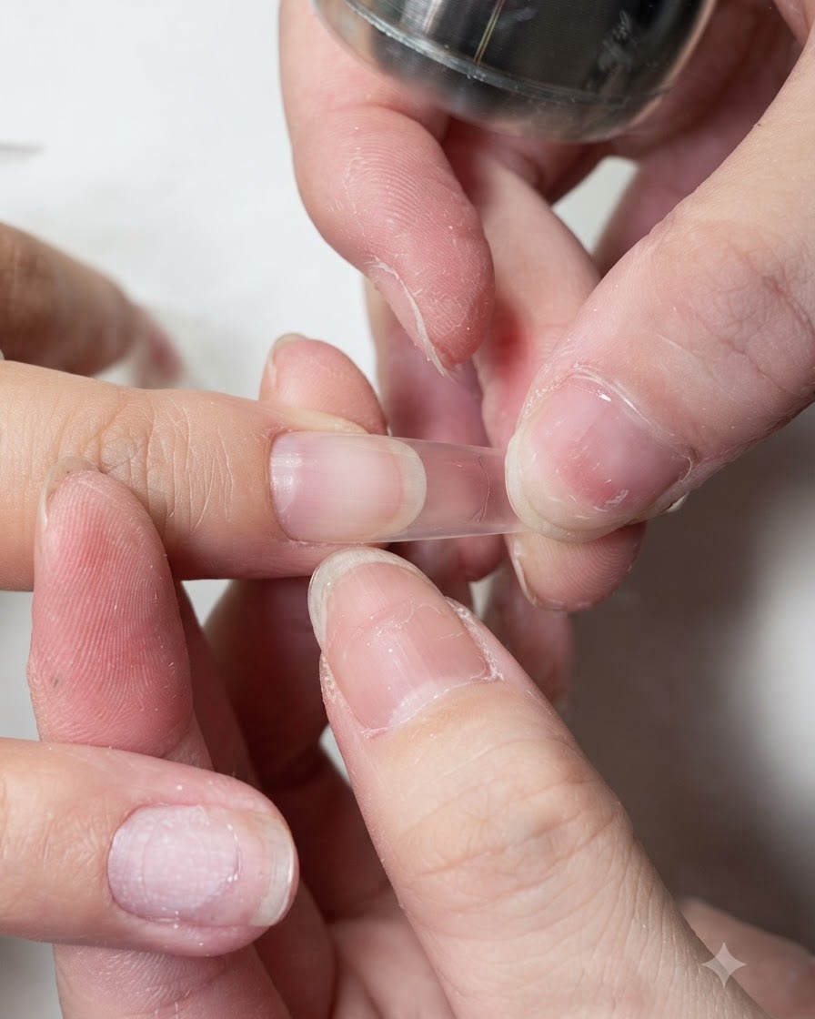Fingers pressing down on the sides of a clear nail tip applied to a natural finger.