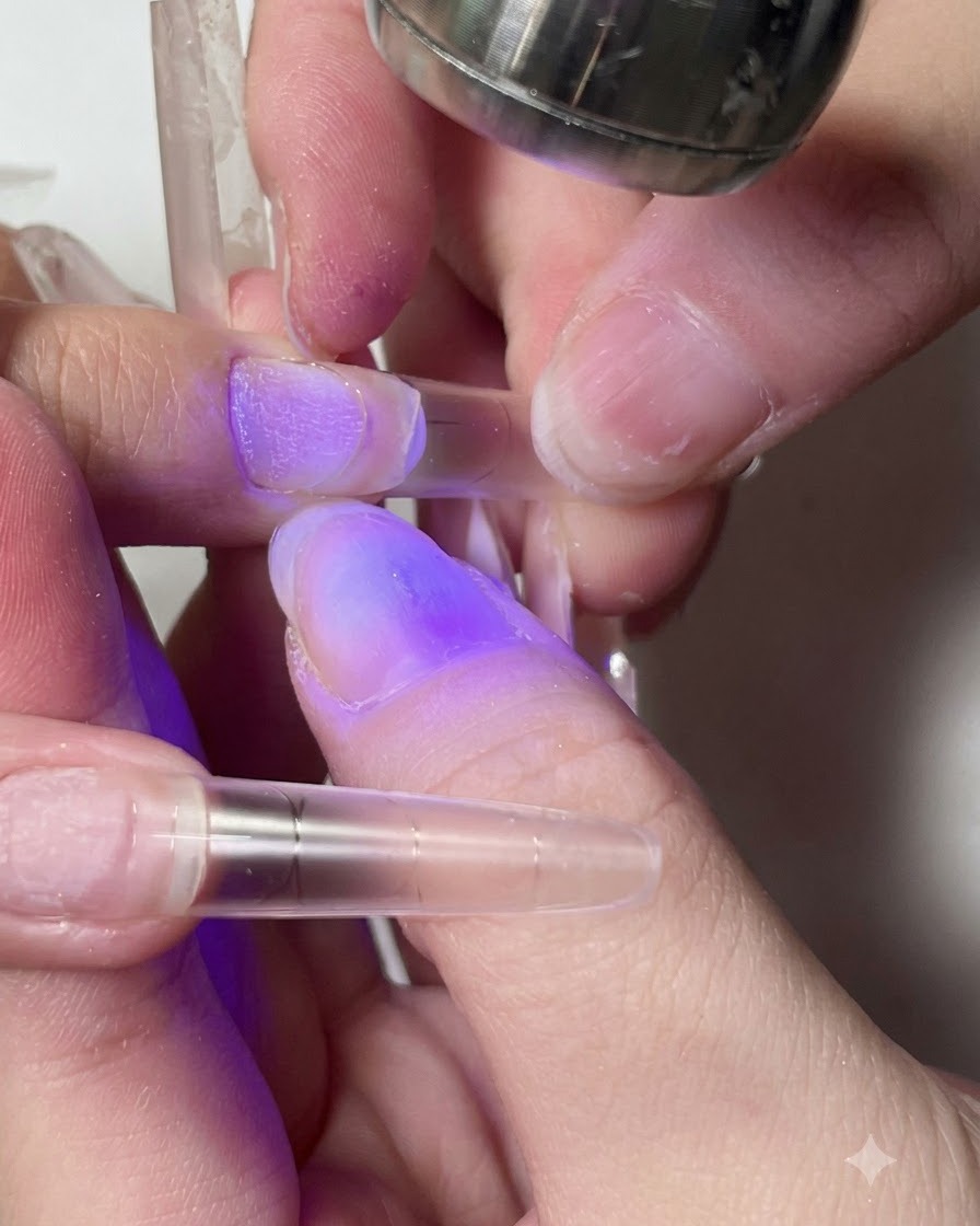 A purple UV/LED handheld lamp curing adhesive under a clear nail extension.