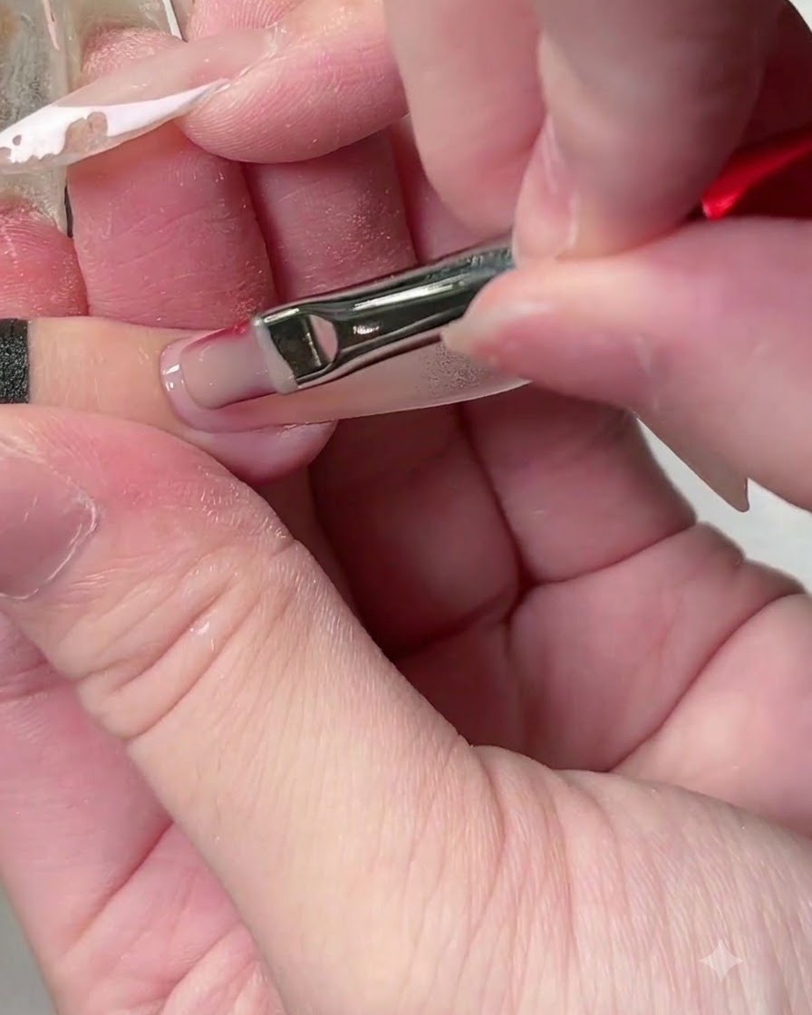 A brush applying a thin layer of pinkish base color to the rear edge of the nail bed.