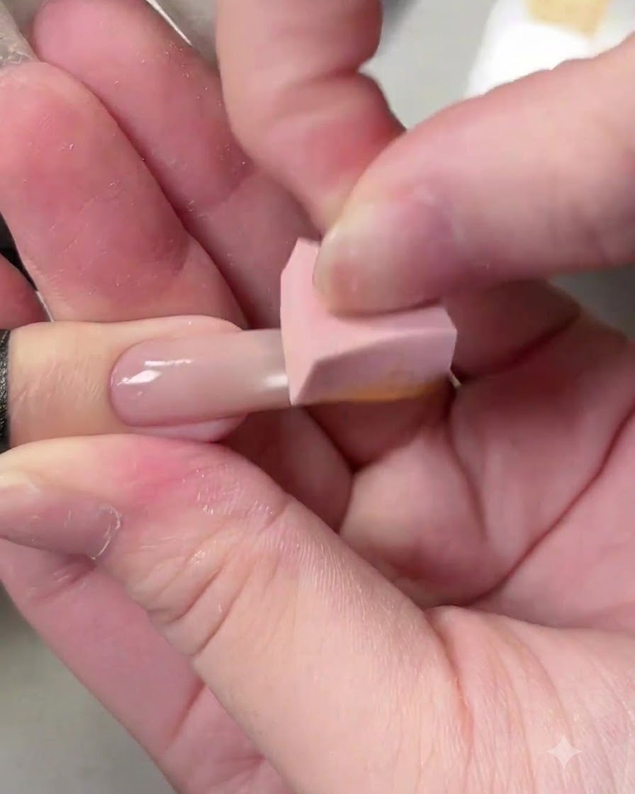 A pink sponge applicator gently dabbing a warm orange and yellow gradient onto a gel-coated nail tip.