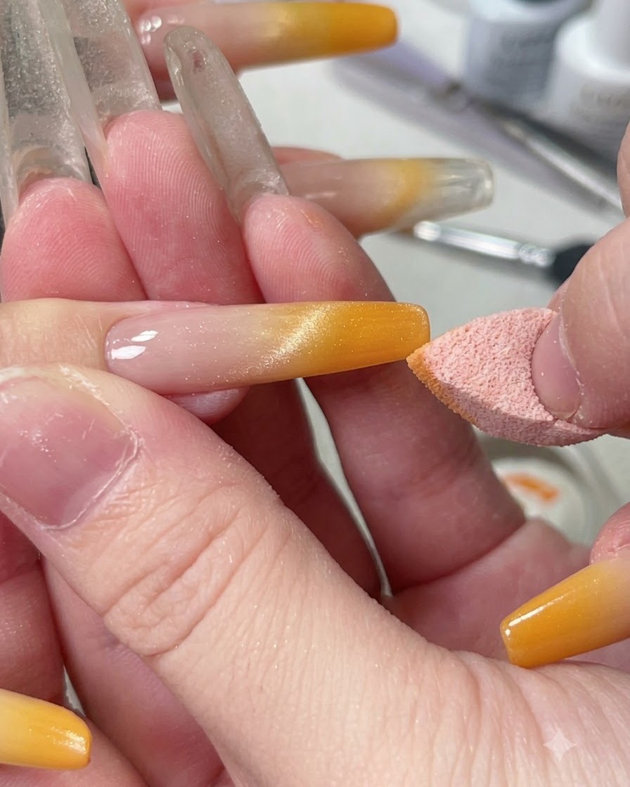 A close-up palette view showing rhinestone glue mixed with platinum gel and fine glitter being stirred together.