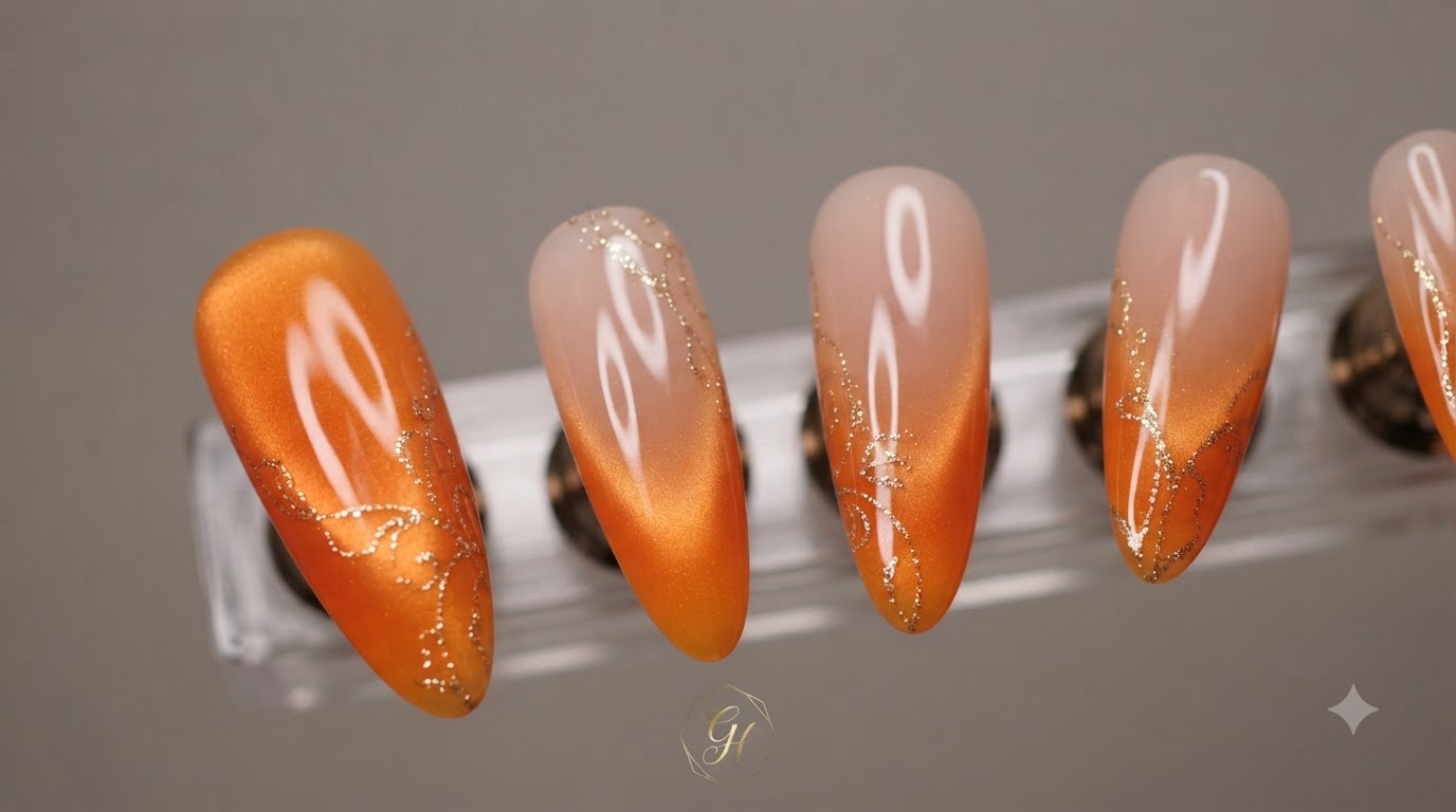 Sunset Orange Cat Eye and Gradient Long Almond Nails Tutorial