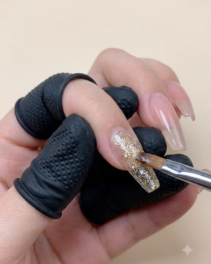 A close-up view of a hand wearing black finger cots using a fine brush to apply gold and holographic glitter flakes onto an elongated clear nail extension.