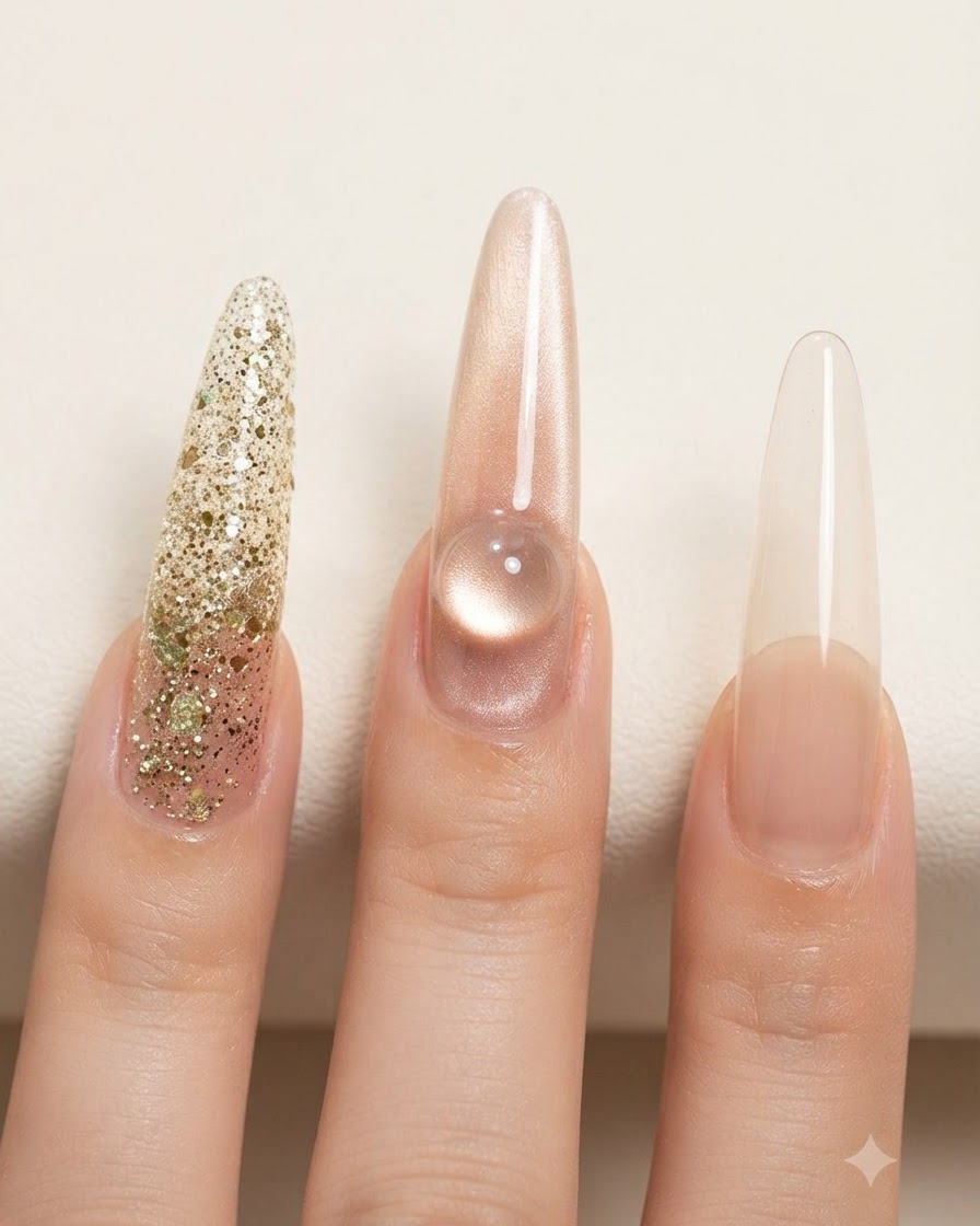 An overhead view of three long styled nails, with the middle finger featuring a prominent, bright spherical cat eye glow resembling a glass ball.