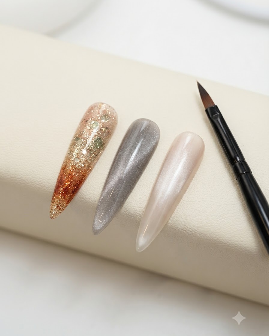 A display stand showcasing three finished practice nail tips: a sunset glitter ombre, a solid cat eye grey, and a glossy nude-orange tone next to a fine brush.